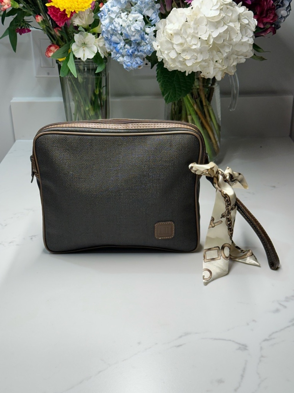 Dunhill Unisex Taupe Toiletry Wristlet with Brown Trim - Picture 9 of 14